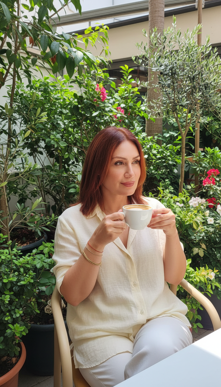 Sıdıka Boyacıoğlu bahçede kahve içerken